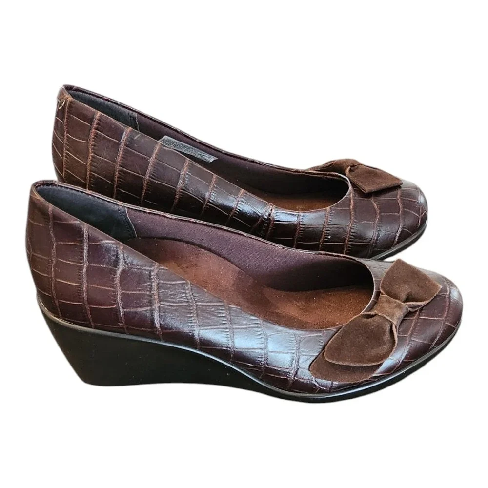 Vionic Lena Orthoheel Brown Croc Embossed Wedge Heel Bow Accent Shoes‎ 7.5